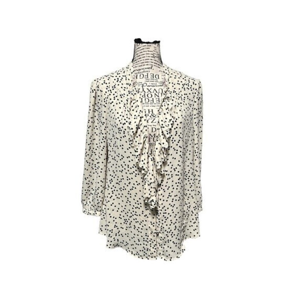 HD In Paris Womens Blouse Beige Black Polka‎ Dot V Neck Ruffle Retro 12